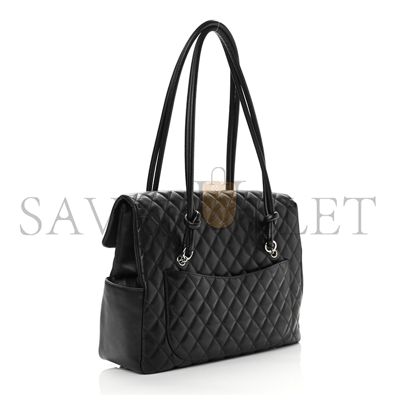 CHANEL CALFSKIN QUILTED LARGE CAMBON FLAP BLACK WHITE AS6339 (33*24*11cm)